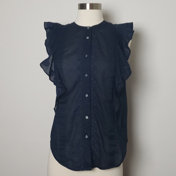NWT J. Crew Blue Embroidered No Collar Sleeveless Ruffle Top Size 0 - Picture 2 of 10